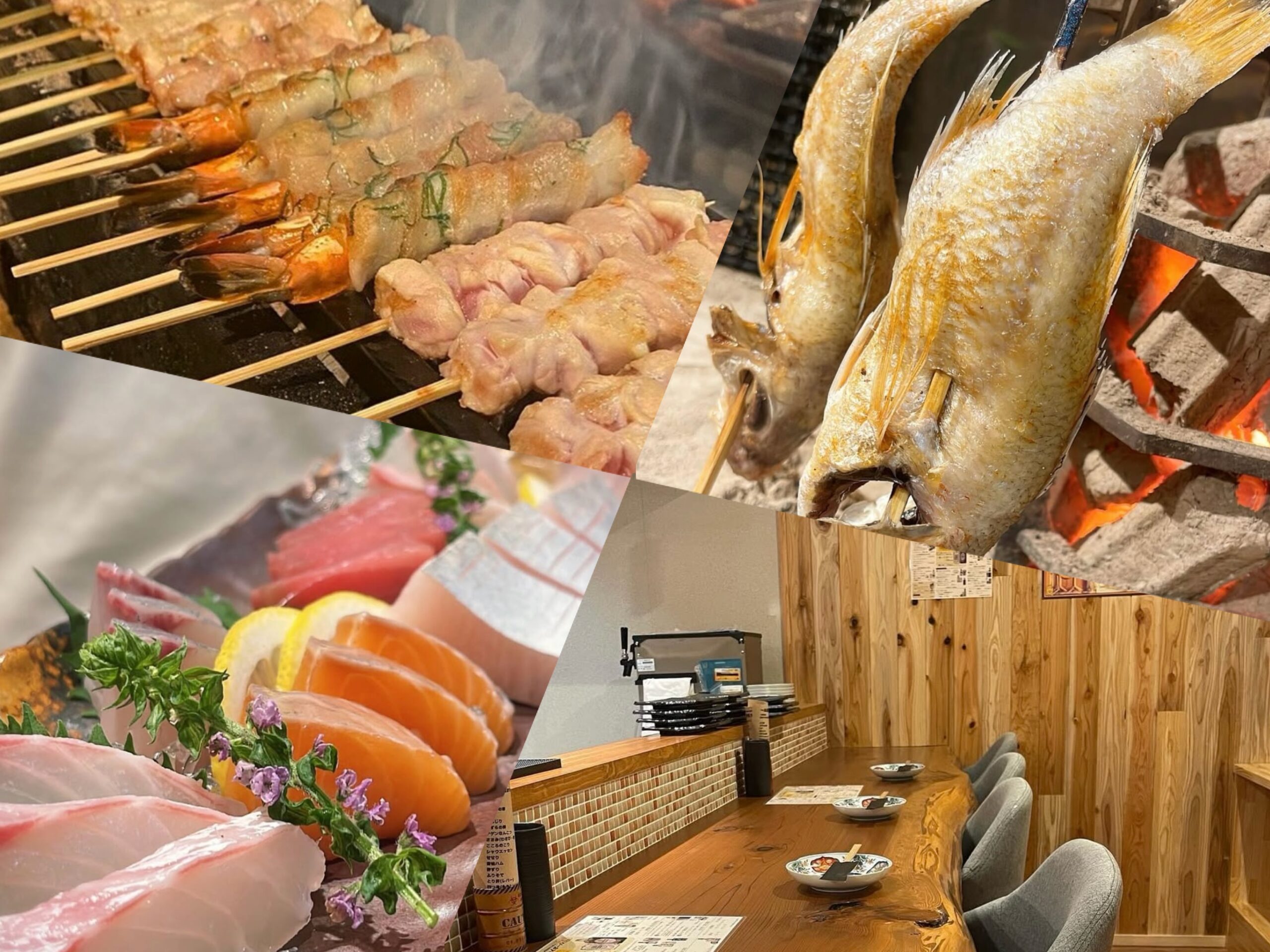 焼き鳥、串打ちされた魚、刺身とお店の様子
